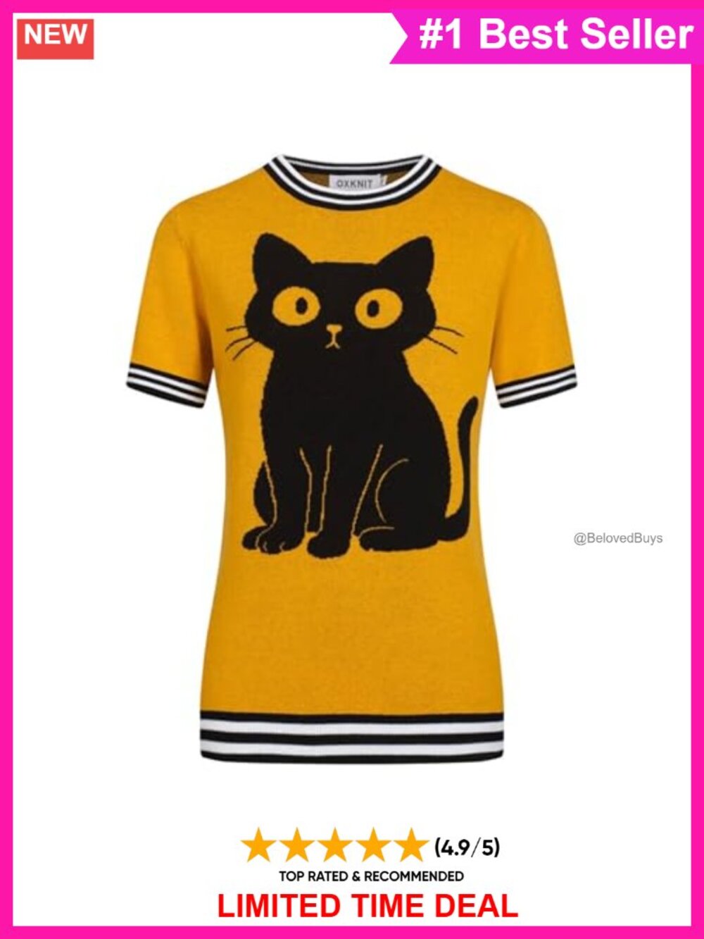 OXKNIT Women's Retro Cat Pattern Knit Short Sleeve T-Shirt Crewneck Casual Tee